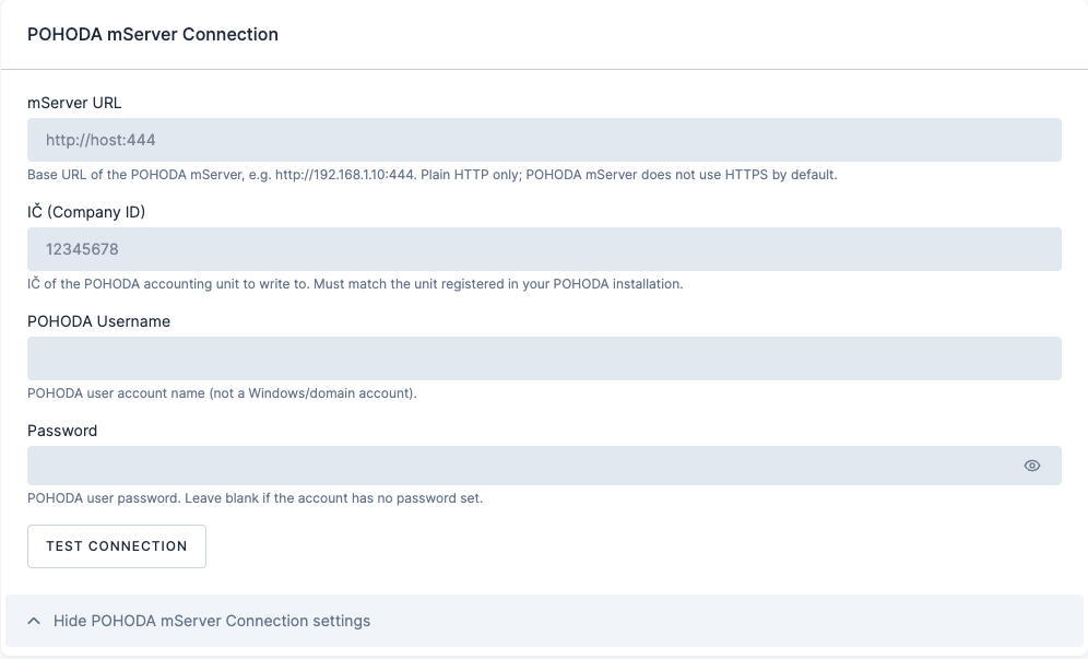 Screenshot - POHODA mServer connection settings