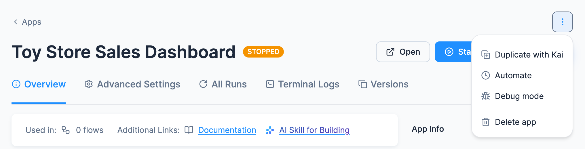 A stopped app's header with Open and the ⋮ menu open over the Start button: Duplicate with Kai, Automate, Debug mode and Delete app